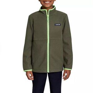 Lands End Boys Grid Fleece Zip Up Jacket Size M (8) Olive Green Beetle School